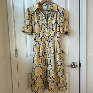 DM Donna Morgan Paisley Print Puff Sleeve Front Button Midi Dress 100% Silk sz 6